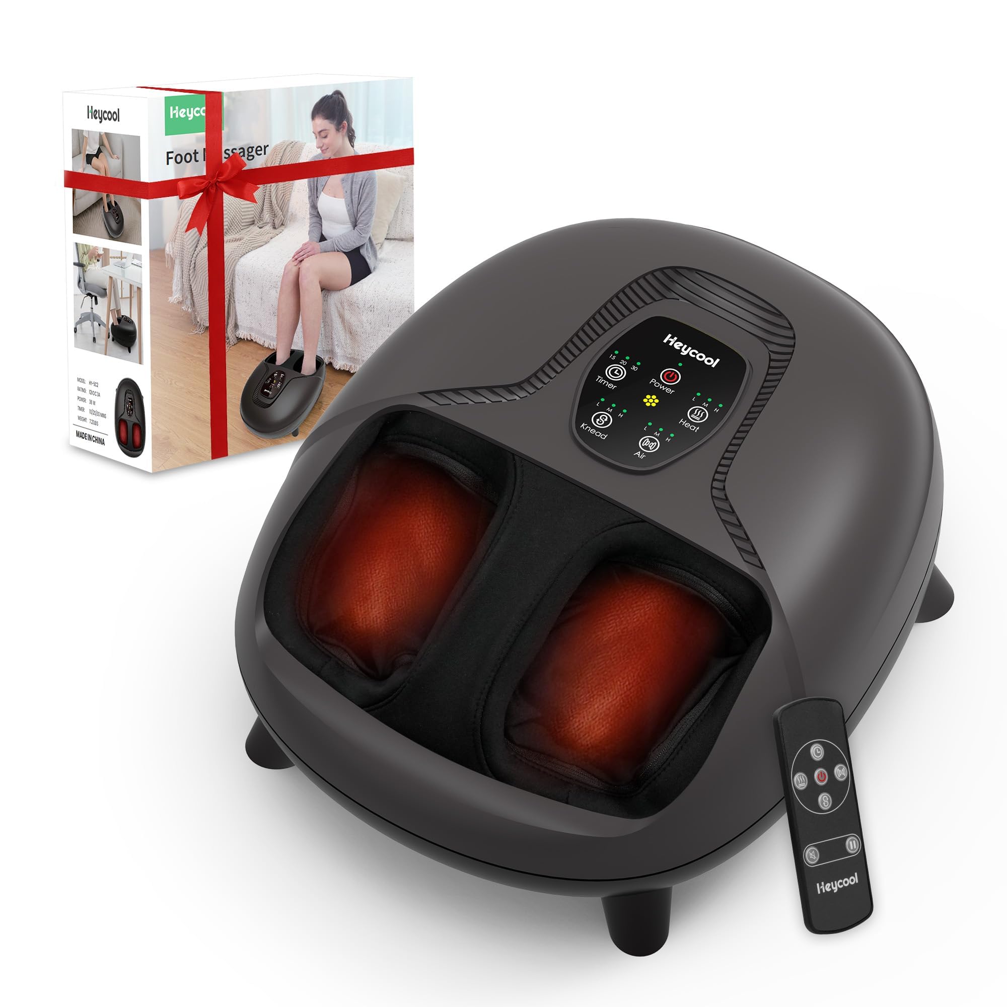 Heycool shiatsu foot massager with remote enables hands-free control for relaxing sessions.