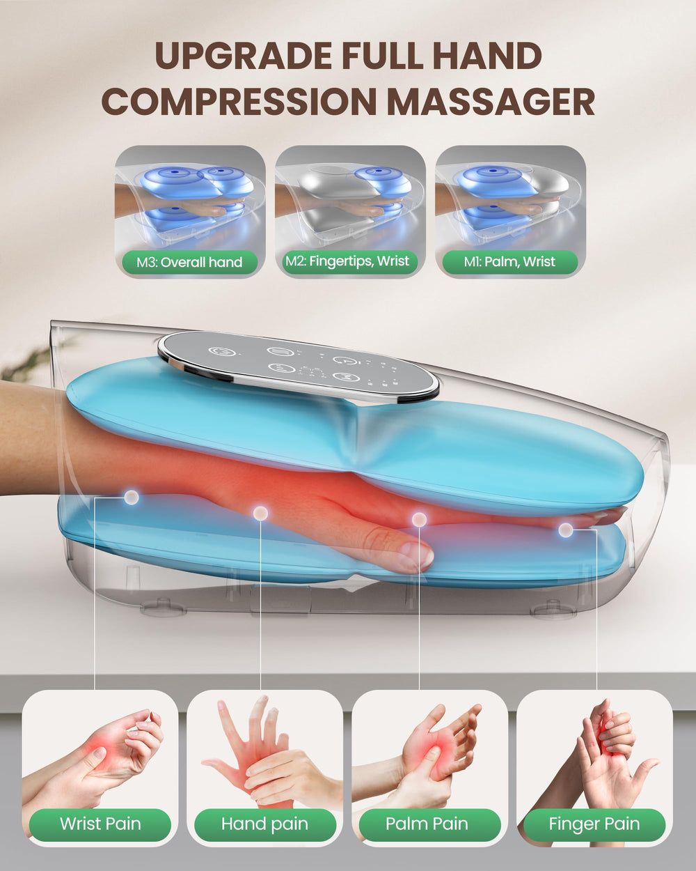 Heycool Upgrade Hand Massager cordless design for use at home or away.