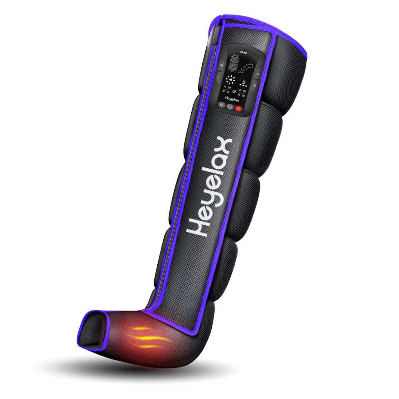 Heyelax leg massager boot on leg showing compression for potential circulation support.