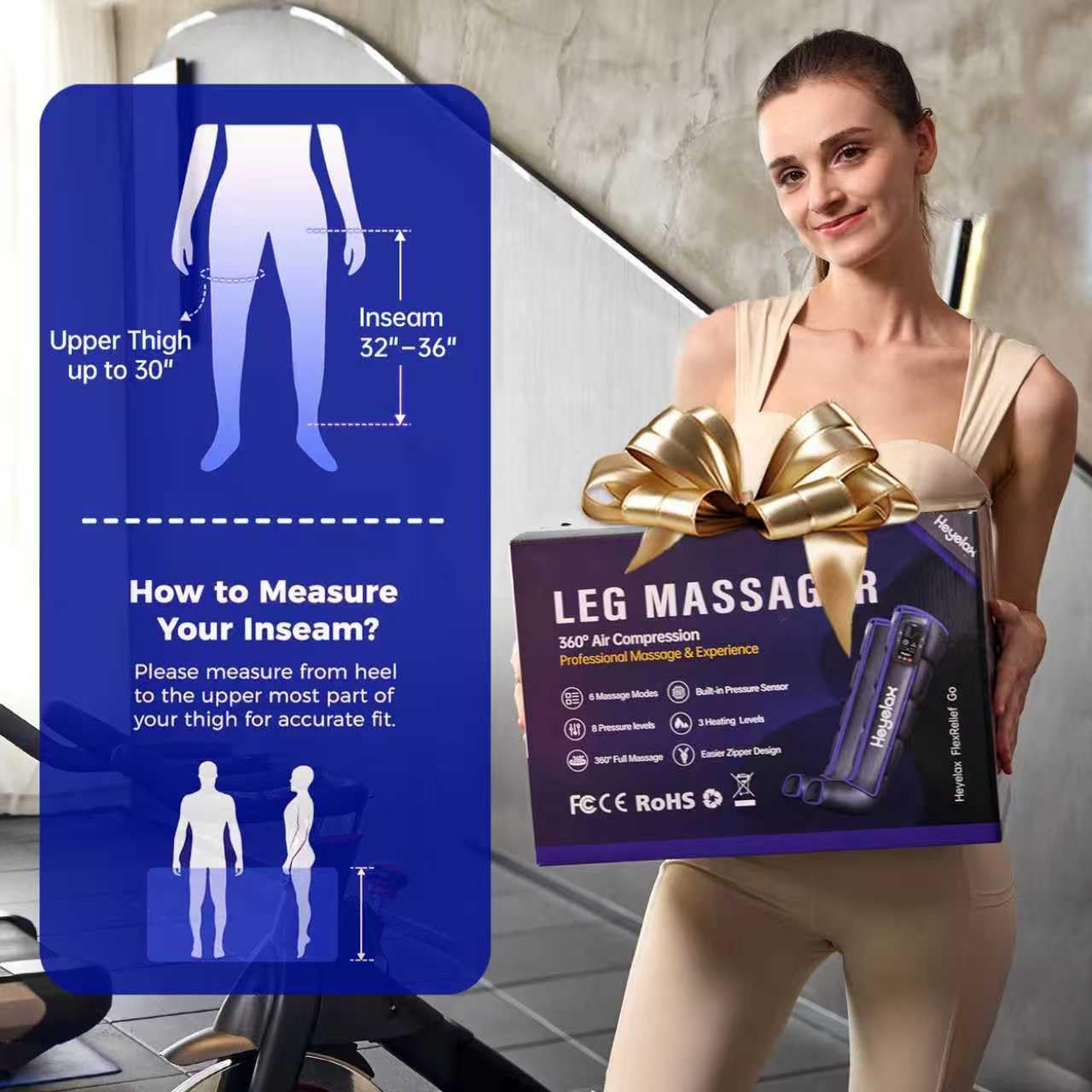 Heyelax leg massager heat function enhances soothing warmth during sessions.