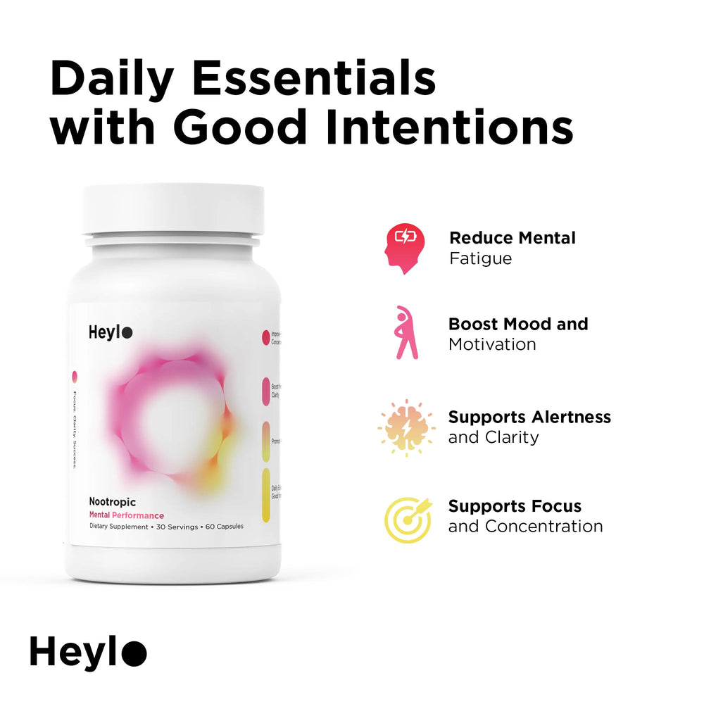 Heylo capsules on wood table showing plant-based brain support