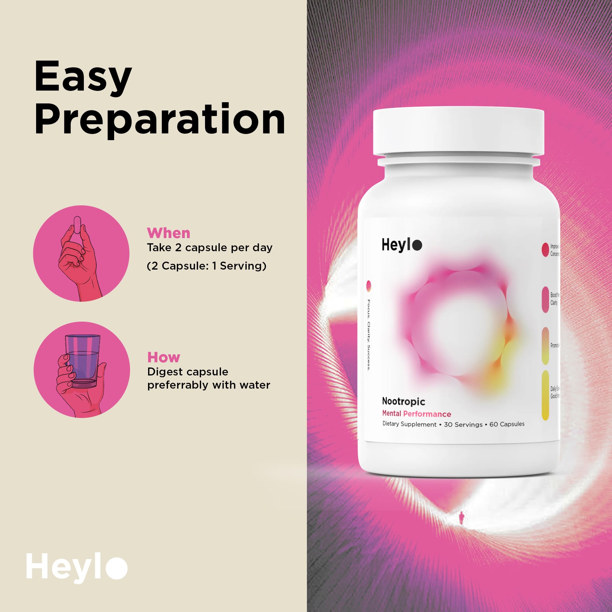 Heylo daily-use brain performance packshot for everyday mental clarity