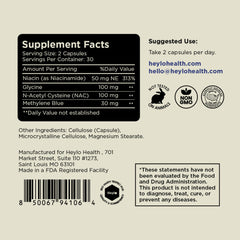 Heylo Health Methylene Blue capsules close-up showing 30 mg dosage and ingredients.