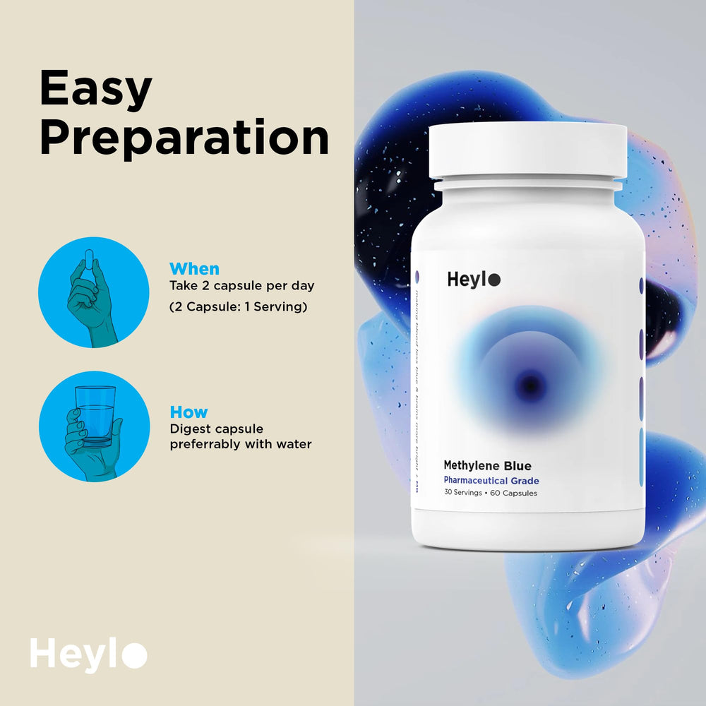 Heylo Health Methylene Blue capsules ready for daily use on a busy morning.