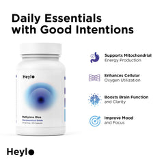 Heylo Health Methylene Blue capsules box with USP label highlights pharmaceutical-grade quality.