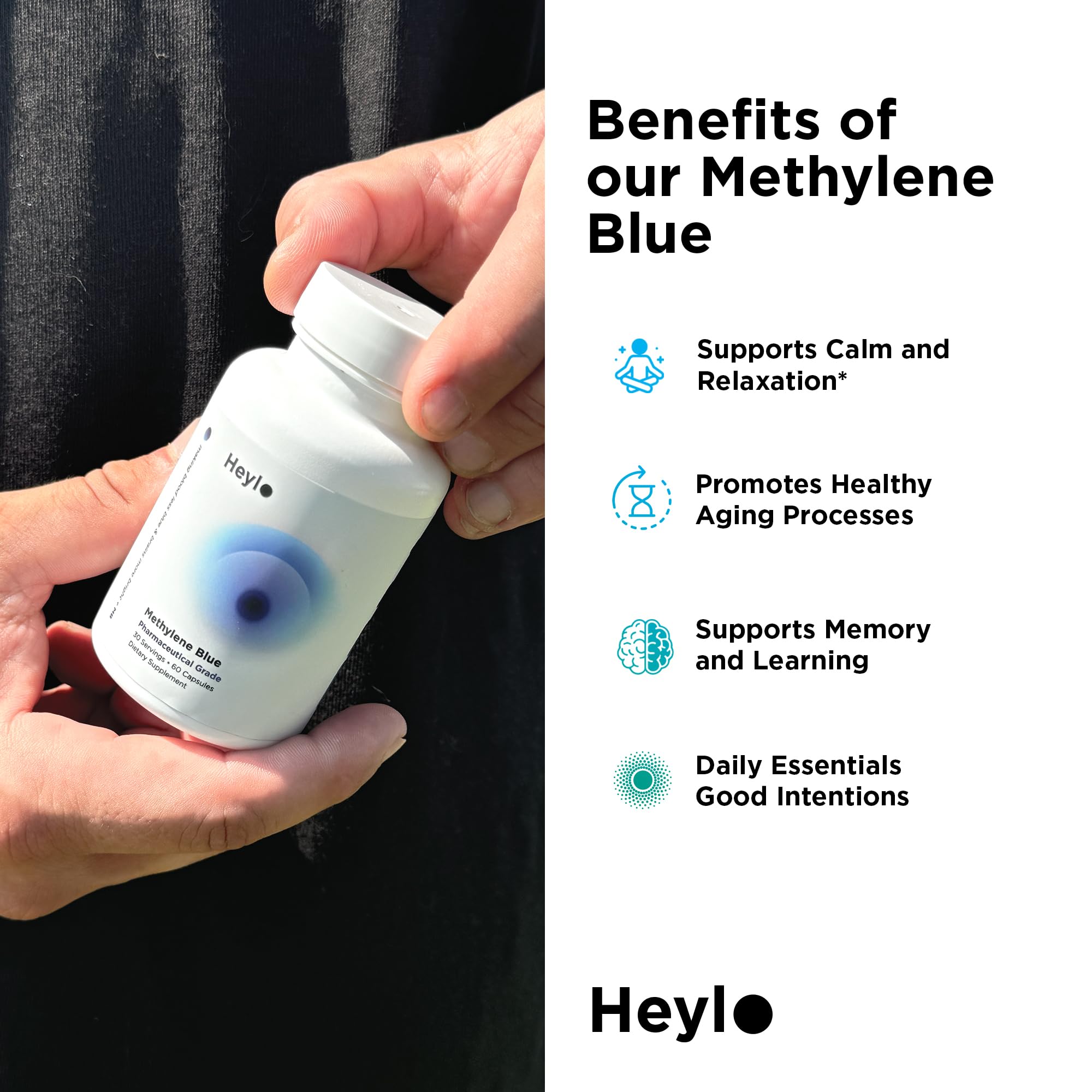 Heylo Health Methylene Blue capsules proudly made in USA with GMP-certified manufacturing.