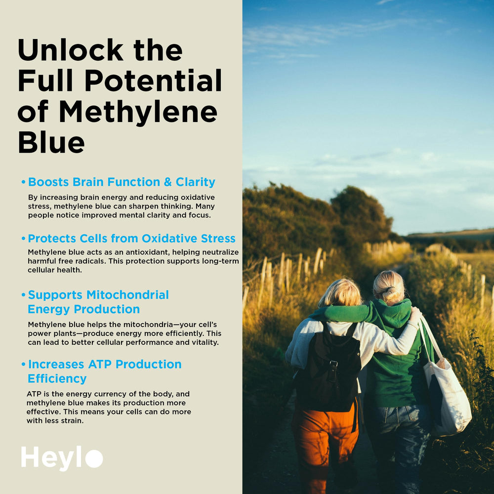 Heylo Health Methylene Blue capsules display third-party testing badge for trust.