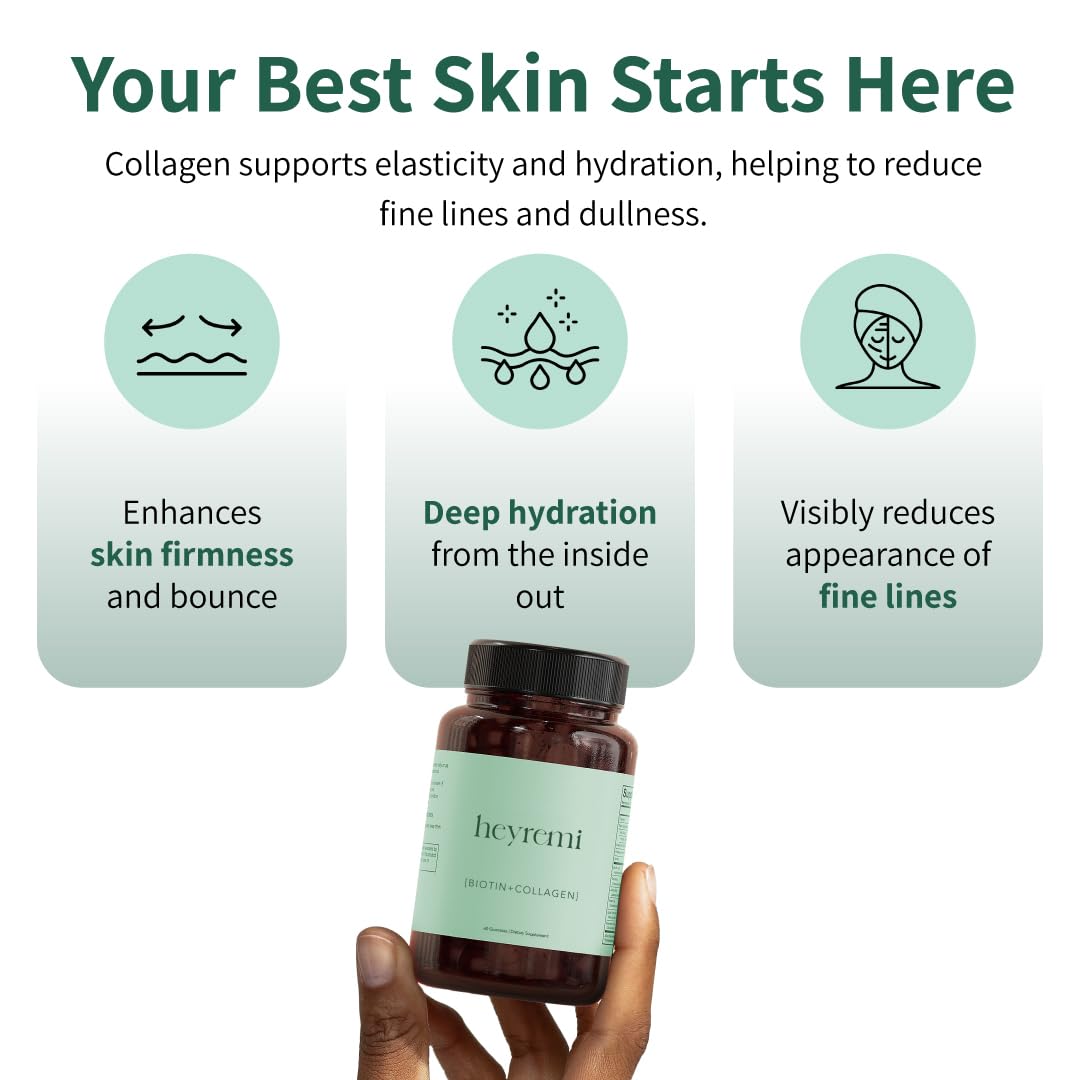 heyremi Advanced Biotin Collagen Gummies label close-up shows ingredients for skin elasticity