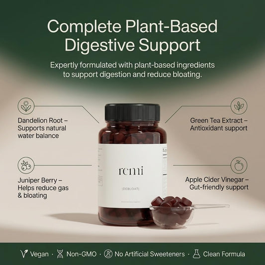 Heyremi Debloat Gummies bottle front highlights strawberry flavor for post-meal pleasure.