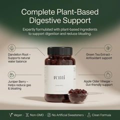 Heyremi Debloat Gummies bottle front highlights strawberry flavor for post-meal pleasure.