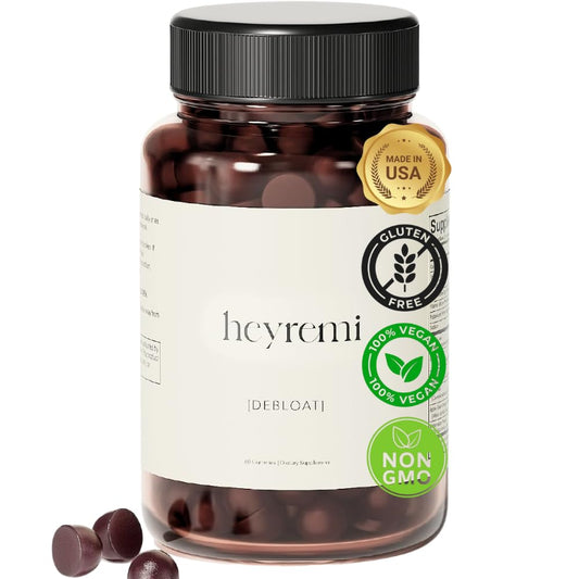 Heyremi Debloat Gummies packaging shows convenient vegan formula for daily bloating relief.