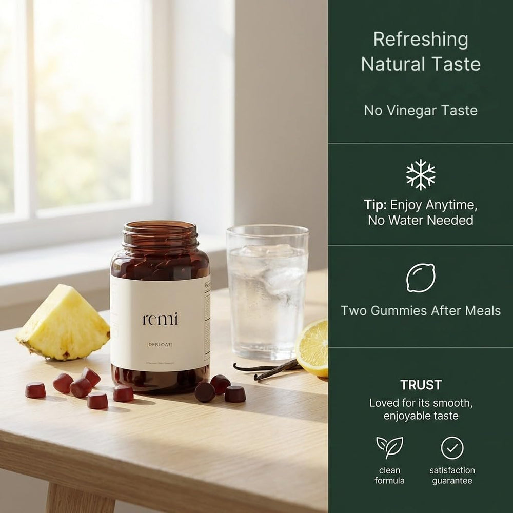 Heyremi Debloat Gummies ingredients display apple cider vinegar for a natural plant-based approach.