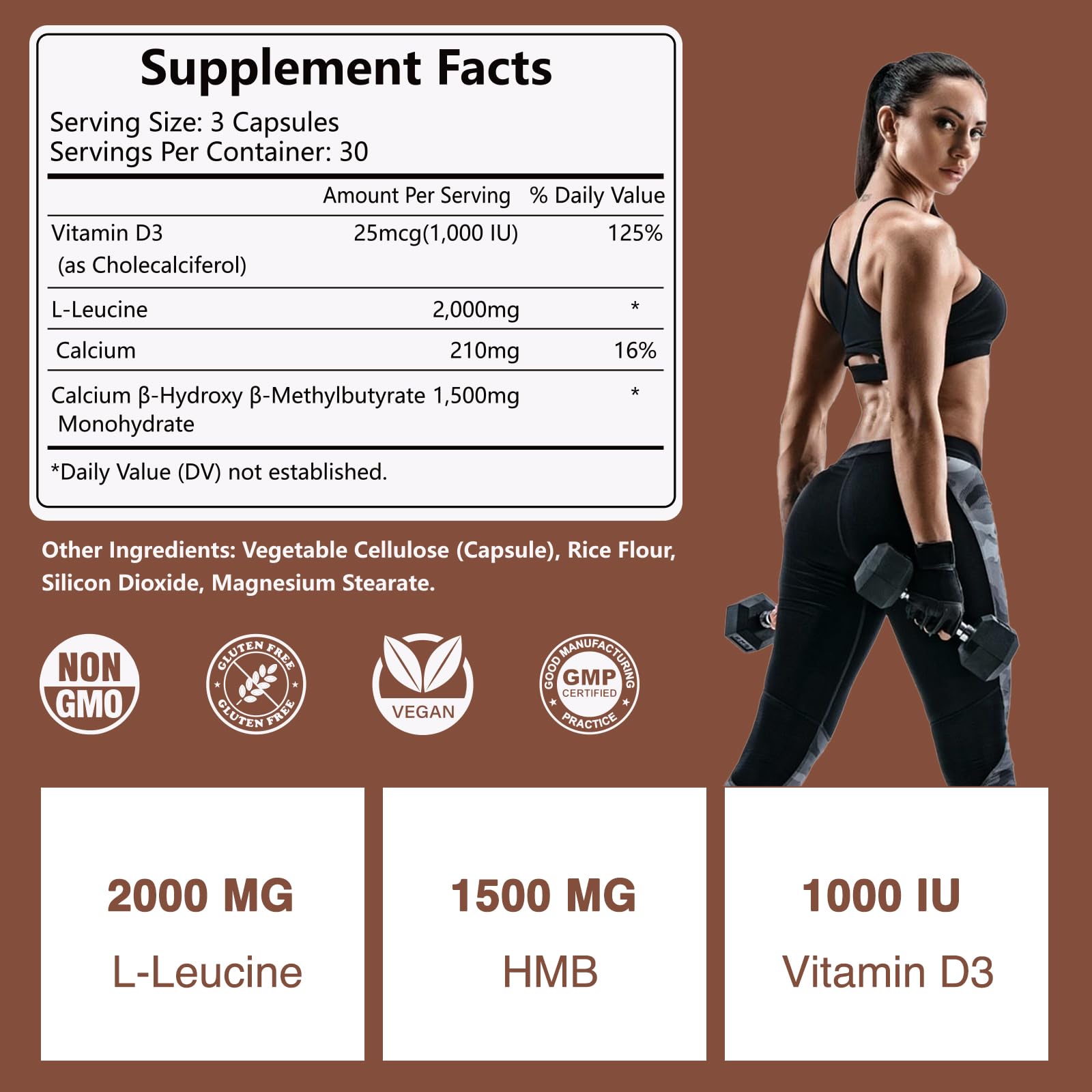 HFELIZ HMB bottle back label highlights 2000 mg Leucine and 1500 mg HMB per serving