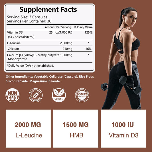 HFELIZ HMB bottle back label highlights 2000 mg Leucine and 1500 mg HMB per serving