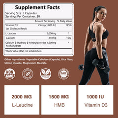 HFELIZ HMB bottle back label highlights 2000 mg Leucine and 1500 mg HMB per serving