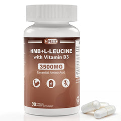 HFELIZ HMB and Leucine bottle front showcases the 3-in-1 amino acid blend for workouts
