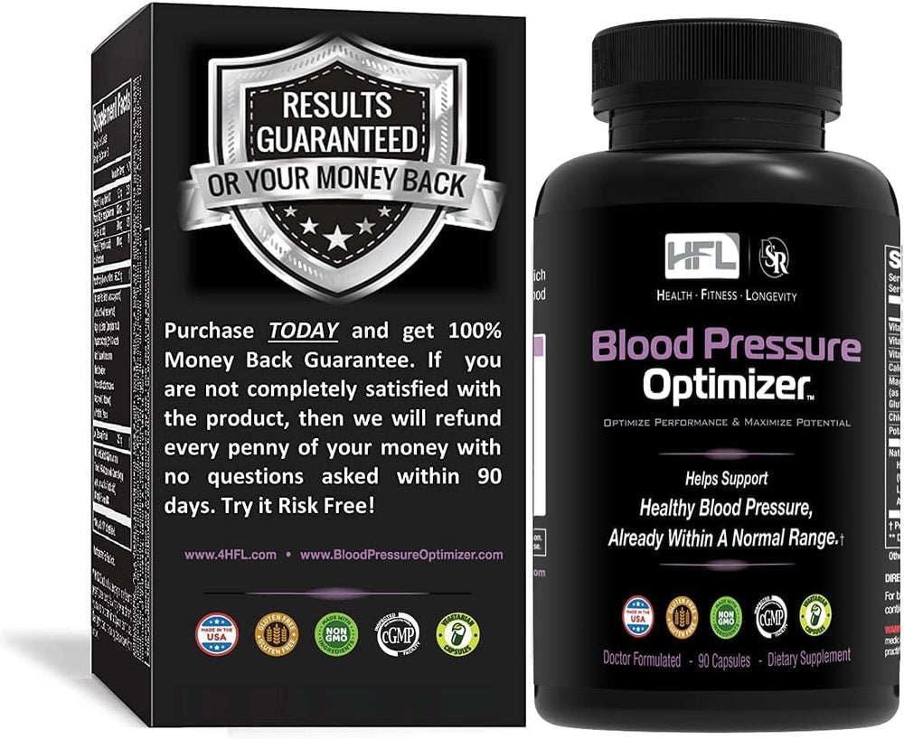 HFL Blood Pressure Optimizer bottle shows doctor-formulated vascular support