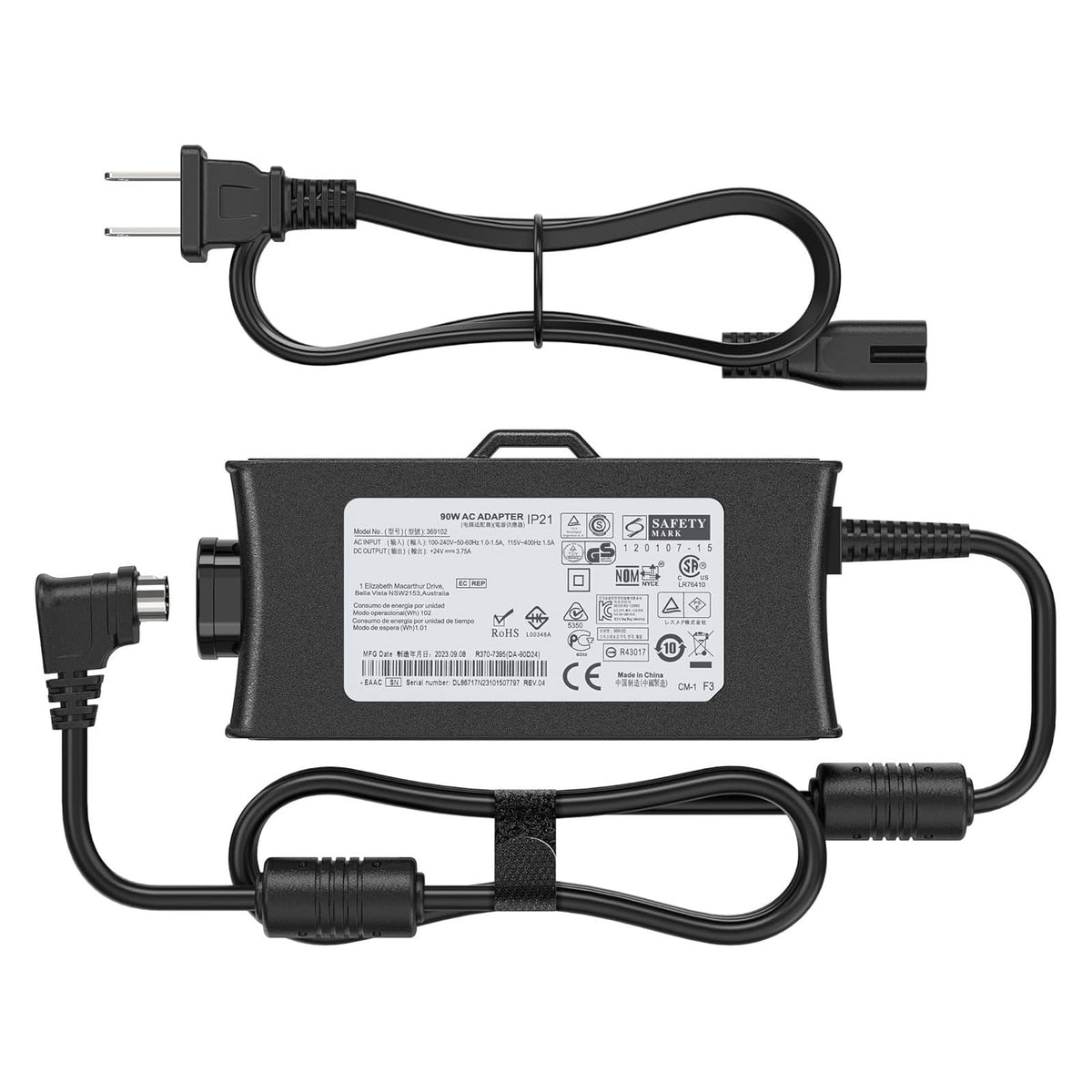 HHZ 90W AC adapter front view powering a ResMed S9 CPAP with stable output.