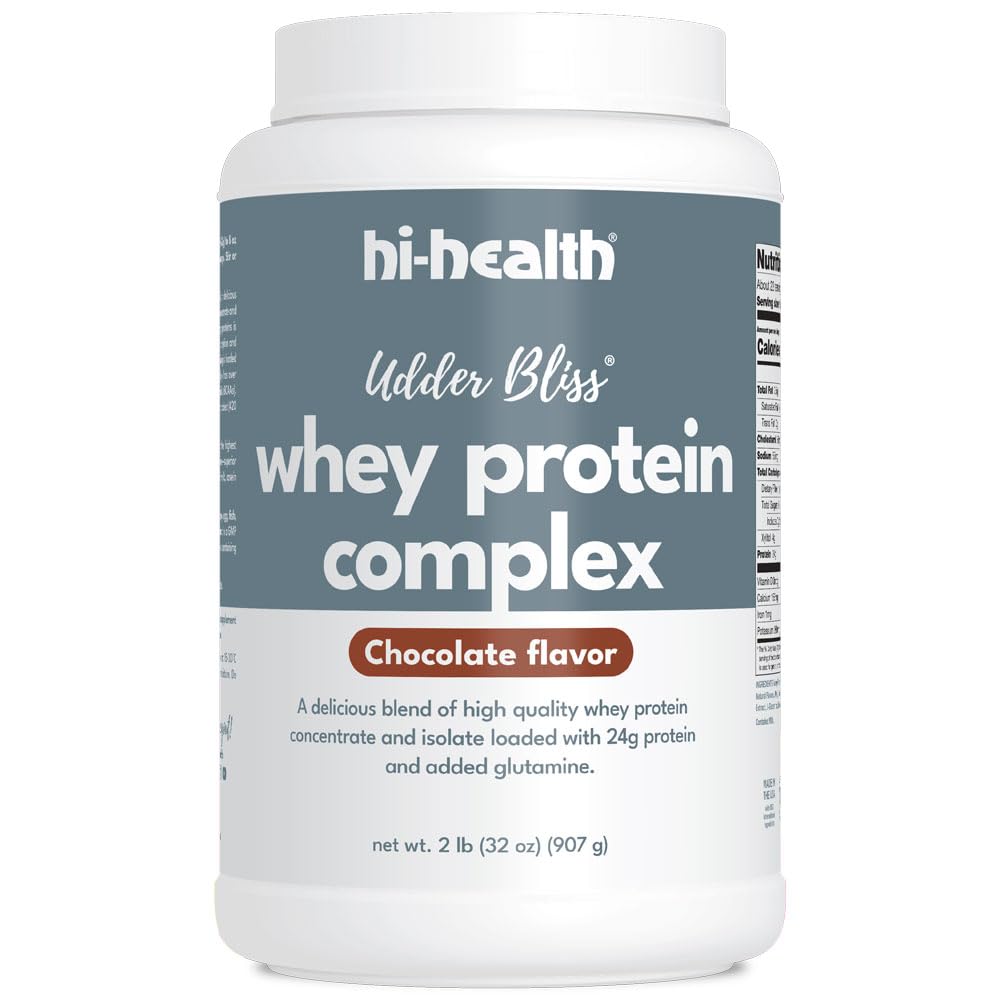 Hi-Health Udder Bliss chocolate whey protein jar ready for a protein-filled routine.