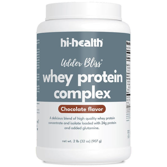 Hi-Health Udder Bliss chocolate whey protein jar ready for a protein-filled routine.