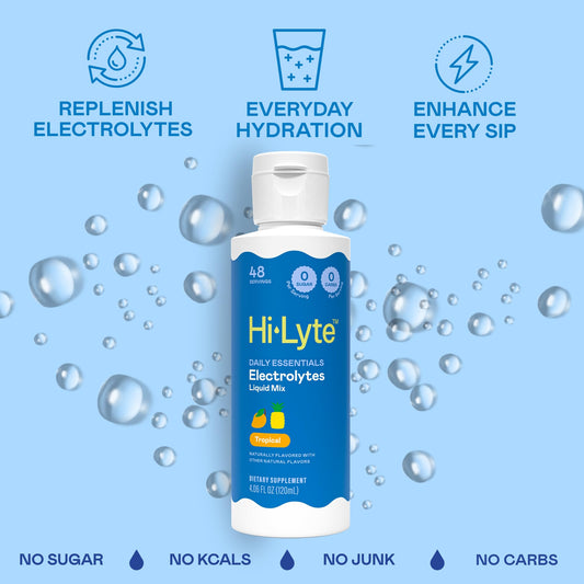 Hi-Lyte Drops pouring into glass for rapid hydration on the go