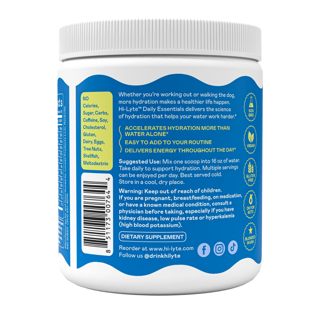 Hi-Lyte electrolyte powder label emphasizes gluten-free vegan formula.