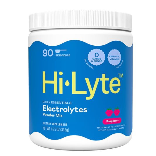 Hi-Lyte Electrolyte Powder tub front view for zero-calorie hydration.