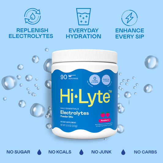 Hi-Lyte Electrolyte Powder label close-up highlighting minerals for hydration.