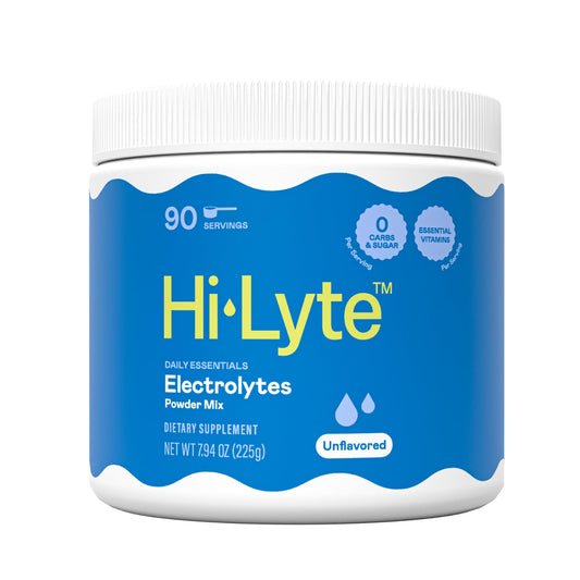 Hi-Lyte electrolytes powder in unflavored tub supports daily hydration without sugar