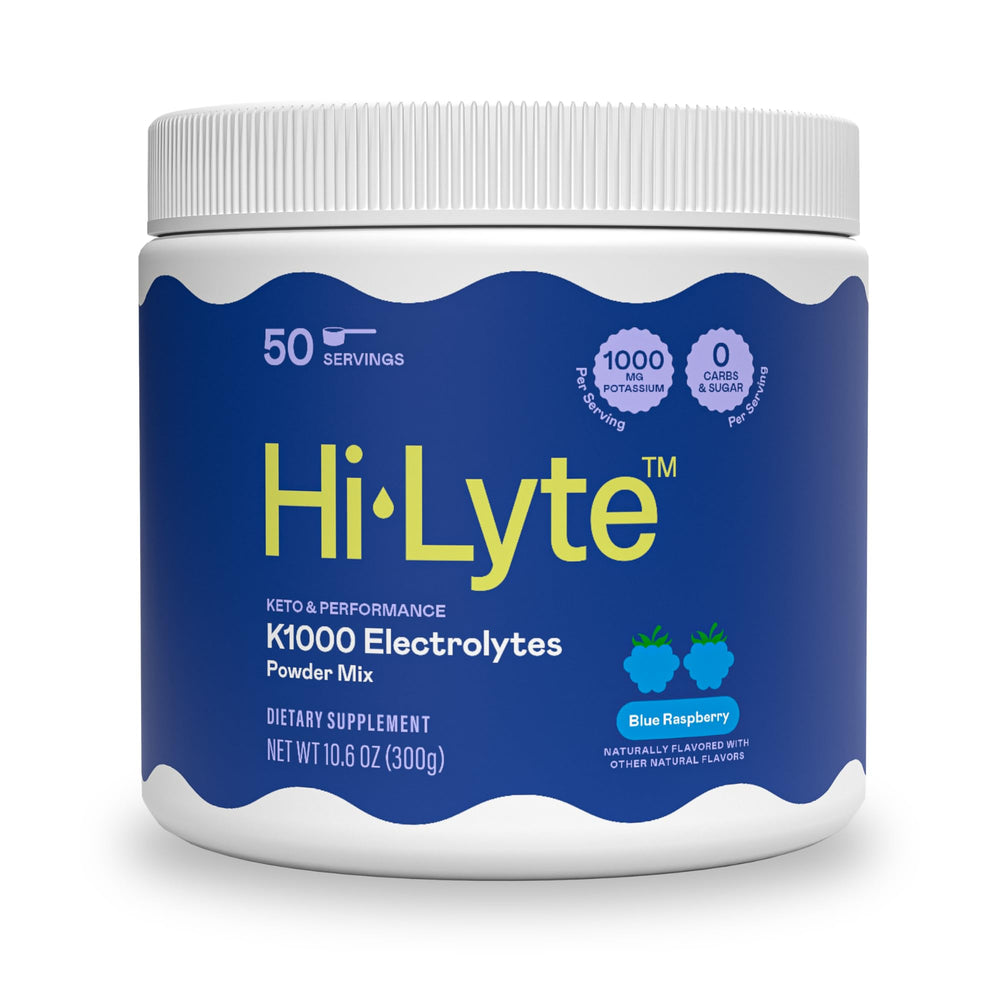 Hi-Lyte K1000 blue raspberry bottle showing keto-friendly electrolyte balance.