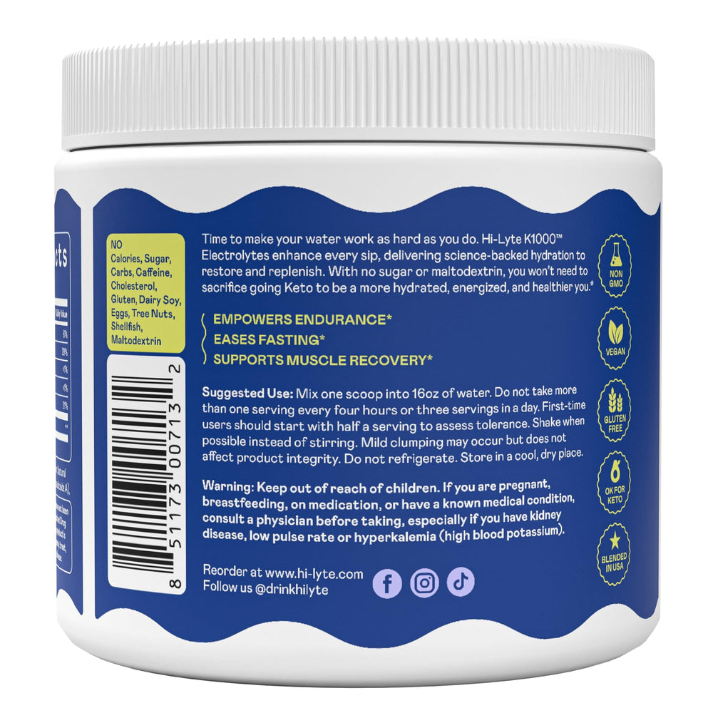 Close-up of minerals and label emphasizes 1000 mg potassium per scoop.