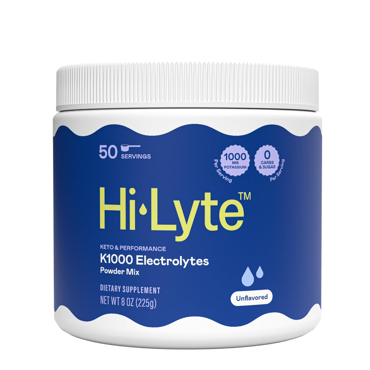 Hi-Lyte K1000 electrolytes powder tub for keto hydration with a sugar-free formula.