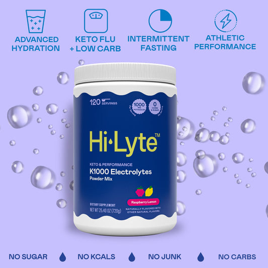 Hi-Lyte K1000 Raspberry Lemon dissolving in water for quick hydration.