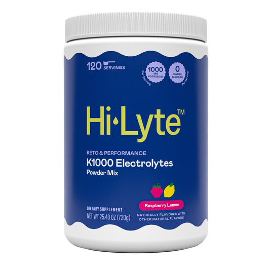 Hi-Lyte K1000 Raspberry Lemon powder tub ready for hydration.