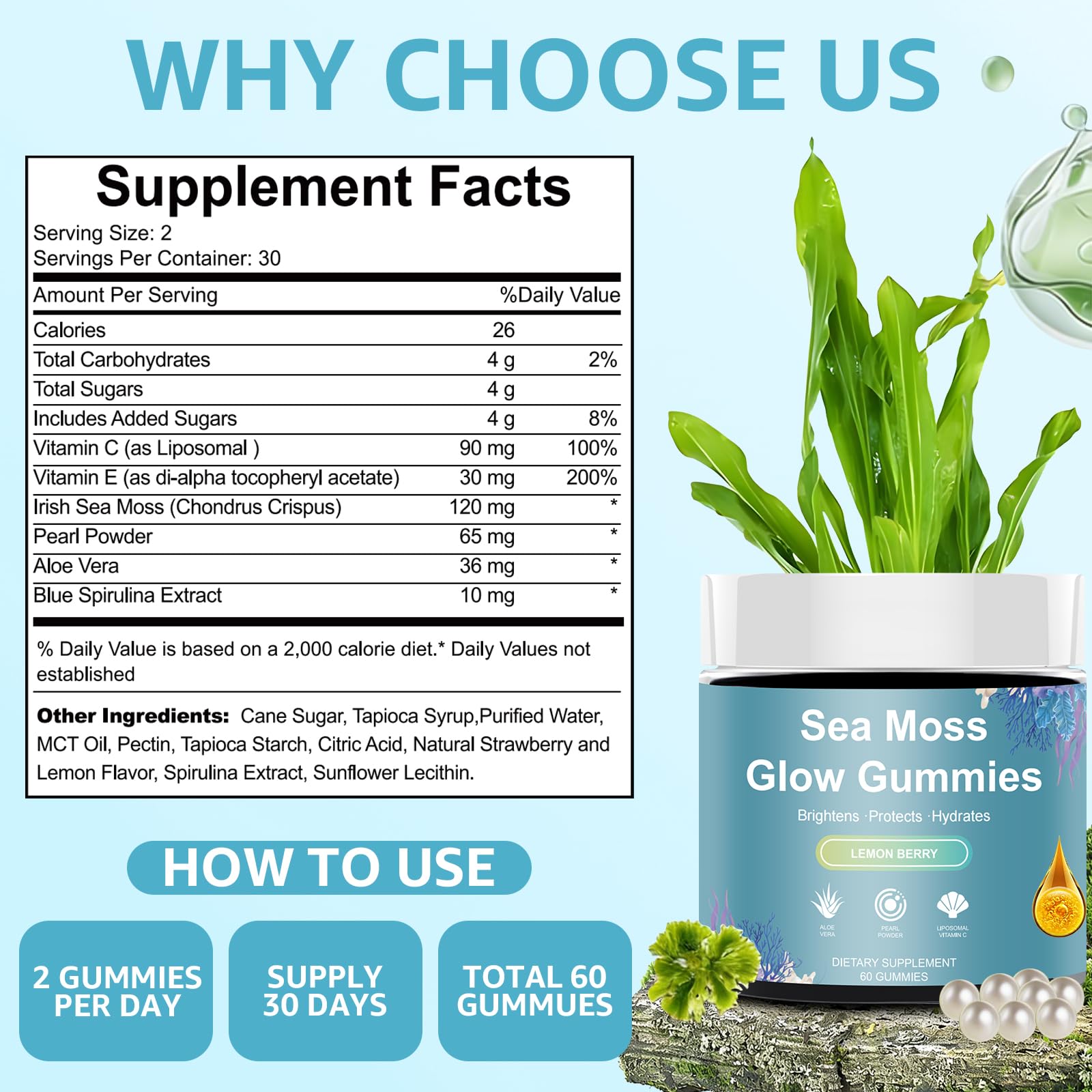 HICFRWE Sea Moss Glow Gummies bottle pour demonstrating quick intake.