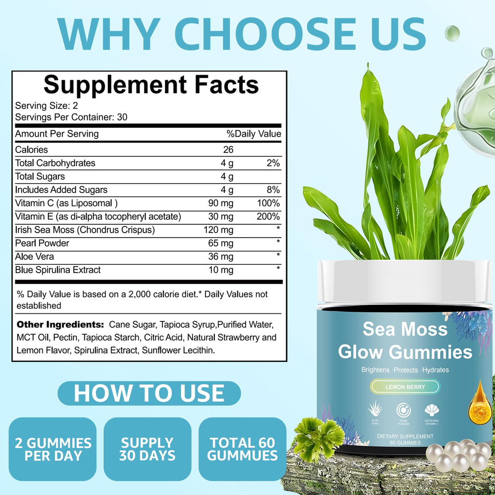 HICFRWE Sea Moss Glow Gummies bottle pour demonstrating quick intake.