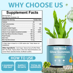 HICFRWE Sea Moss Glow Gummies bottle pour demonstrating quick intake.