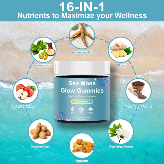HICFRWE Sea Moss Glow Gummies ingredients panel emphasizing vitamins.