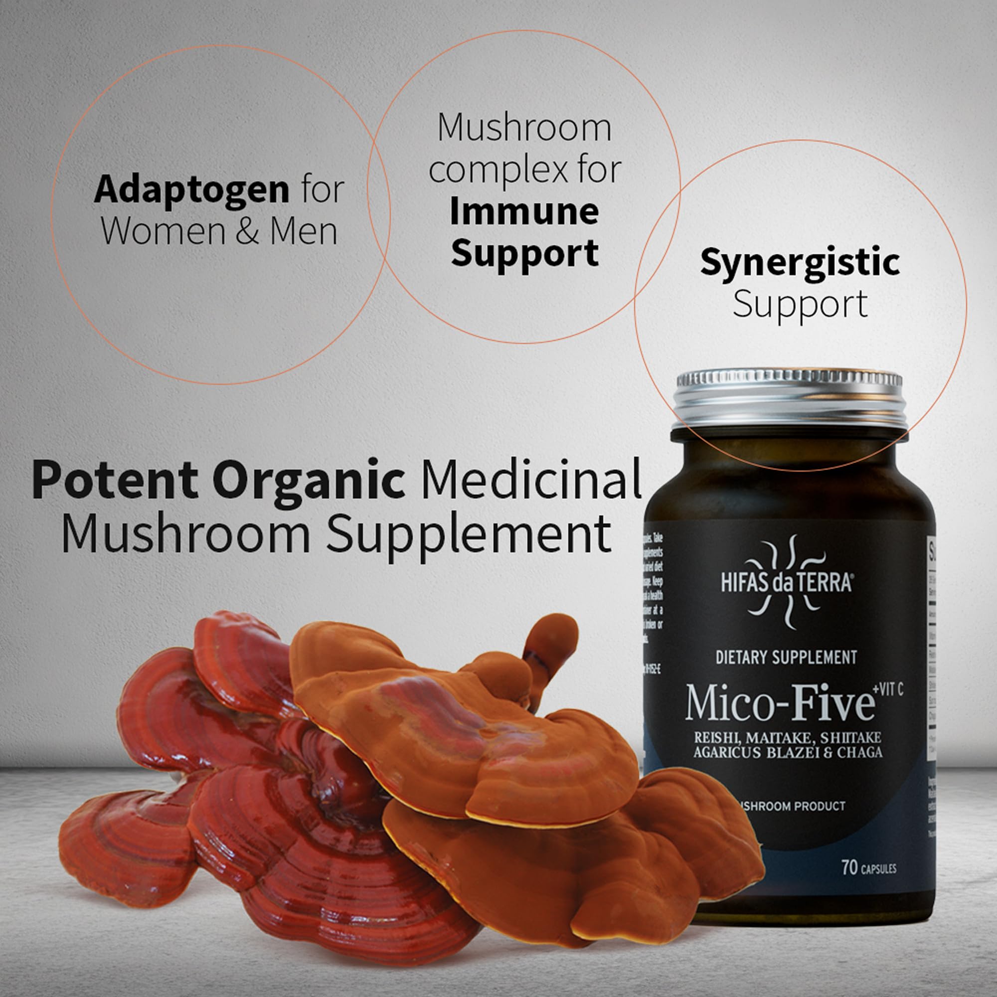 Hifas da Terra Mico-Five capsules inside glass jar highlight vegan, allergen-free format