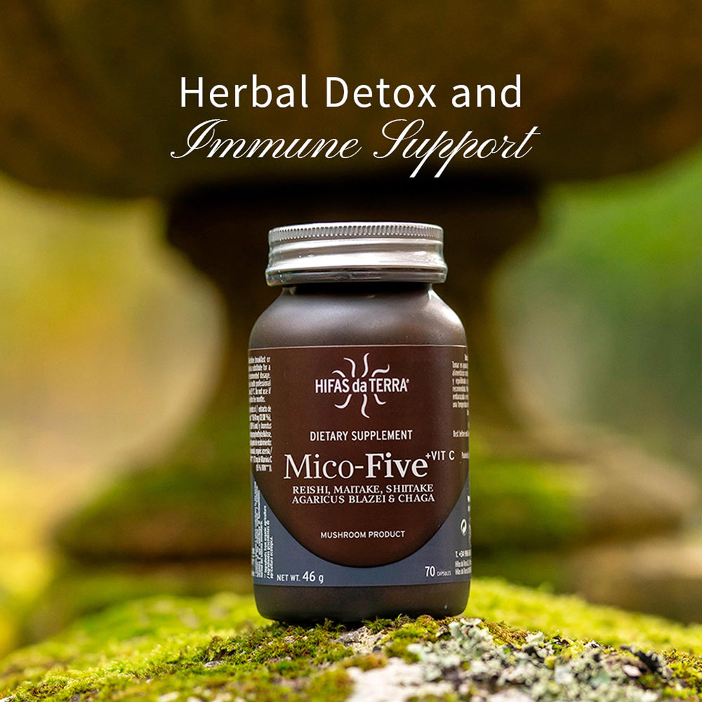 Hifas da Terra Mico-Five glass jar closeup emphasizes premium packaging and purity