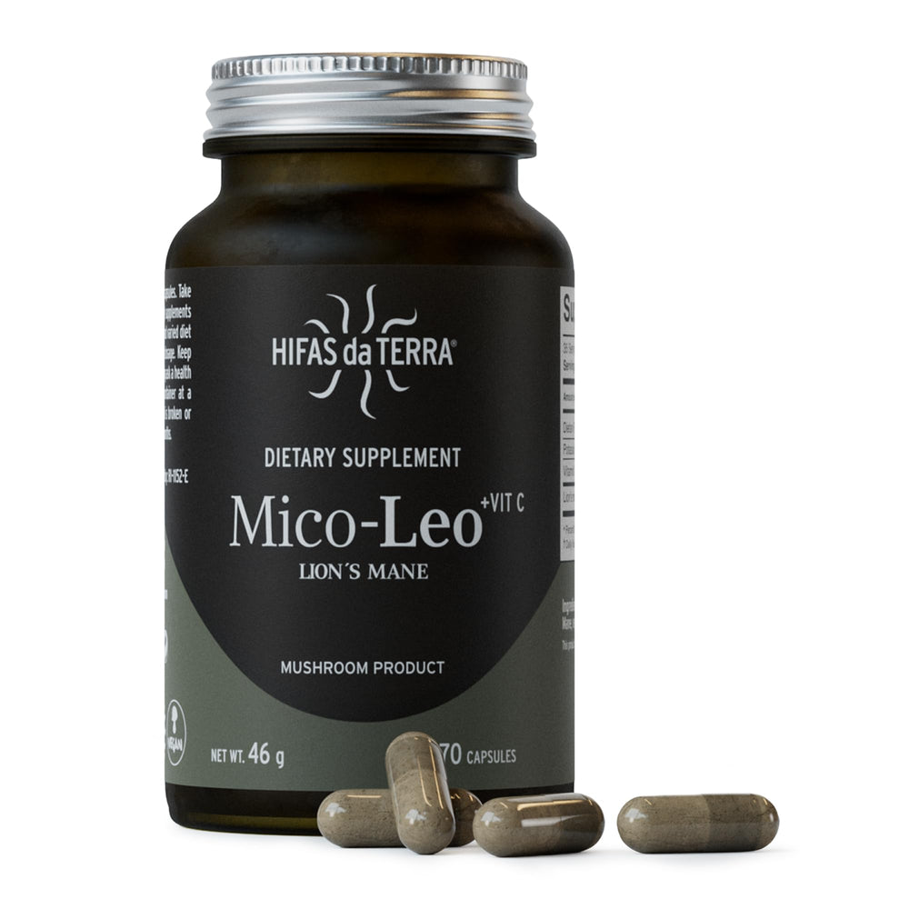 Hifas da Terra Mico-Leo bottle label highlighting organic Lion's Mane formula for focus