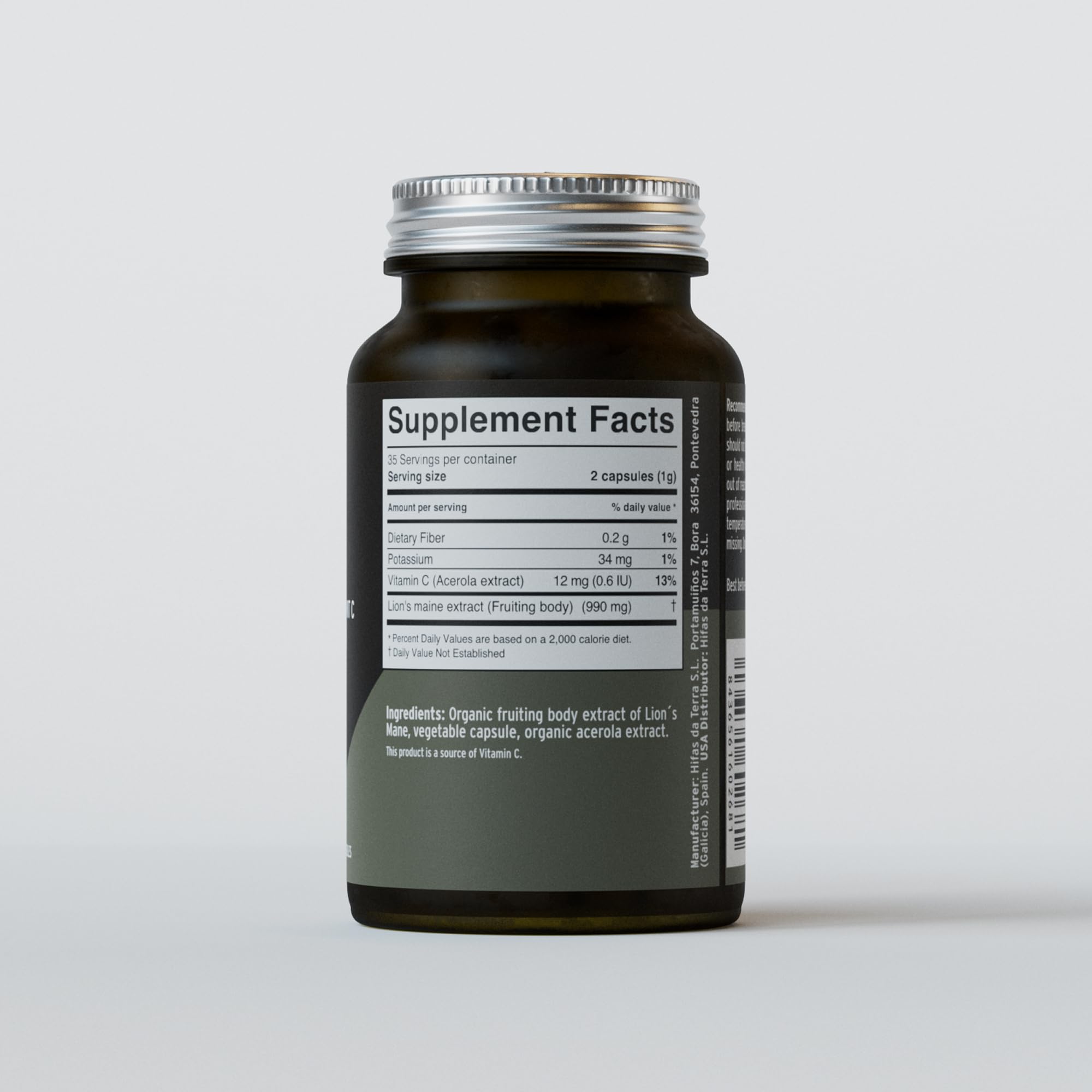 Closeup of Mico-Leo capsules emphasizing vegan, organic Lion's Mane extract
