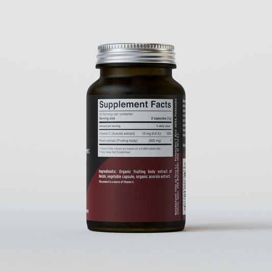 Close up of Mico Rei label with potent reishi extract