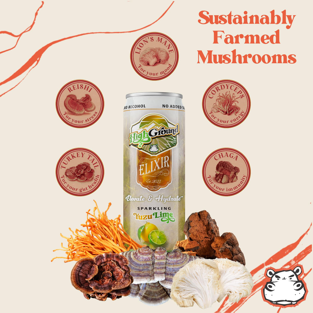 High Ground Elixir label showcases ingredients and caffeine-free refreshment