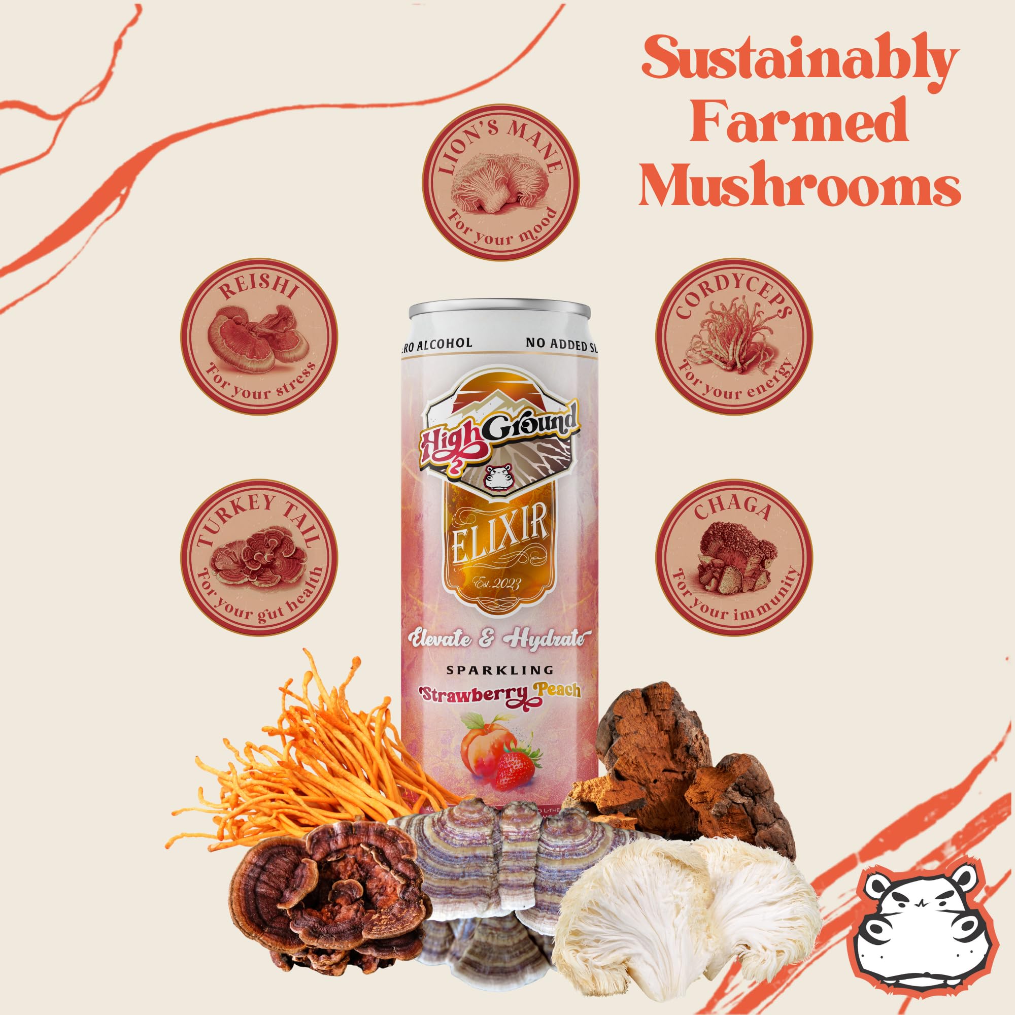 High Ground Elixir pour into glass—sparkling hydration with adaptogens