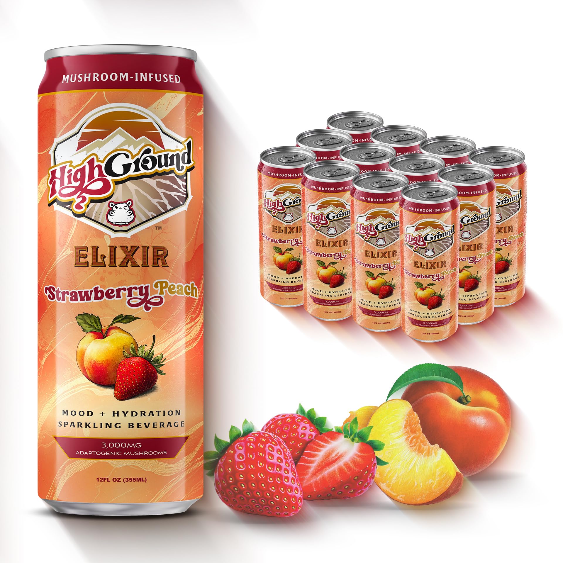 High Ground Elixir Strawberry Peach can showcasing focus-supporting mushroom blend