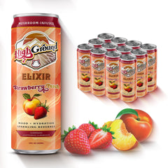 High Ground Elixir Strawberry Peach can showcasing focus-supporting mushroom blend