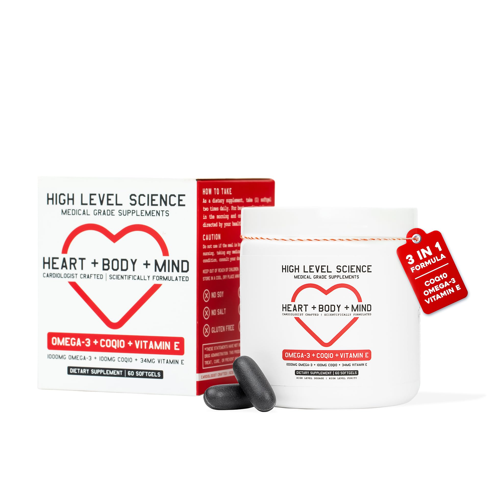 High Level CoQ10 Omega-3 softgels bottle for daily wellness routine.