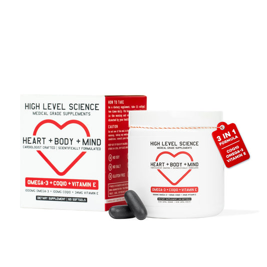 High Level CoQ10 Omega-3 softgels bottle for daily wellness routine.