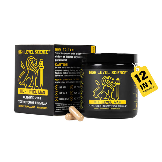 High Level Man bottle front showing a premium vitality supplement for daily energy support
